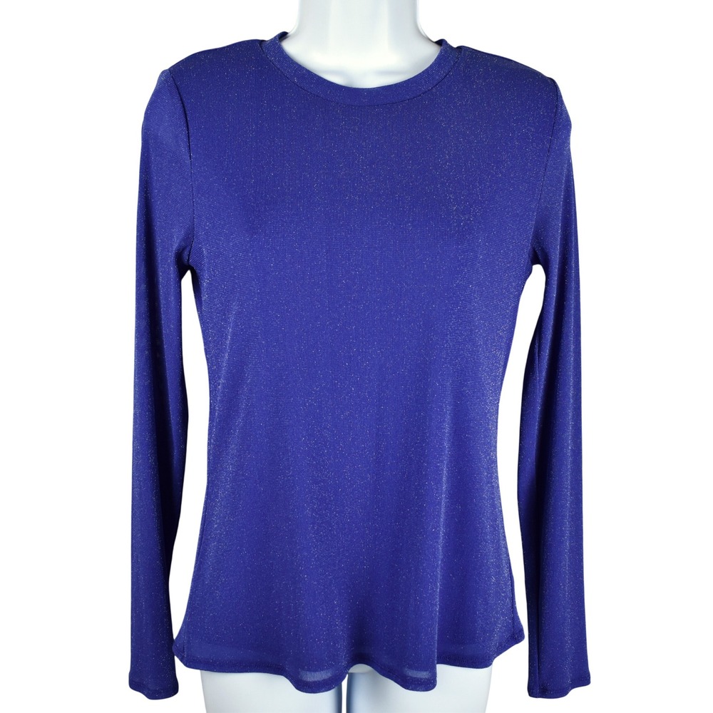 INC Mesh Top Womens S Purple Shimmer Blouse Sheer Rave Long Sleeve Metallic Knit